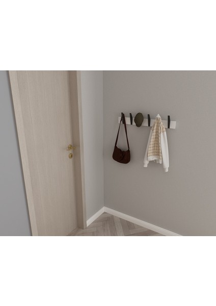 Modern Duvar Kanca Askılık - 6 Adet Siyah Askılık - 70 cm Beyaz Mdflam - Model 104