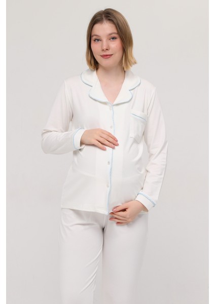 Önden Düğmeli Hamile Lohusa Uzun Kol Pijama Takımı