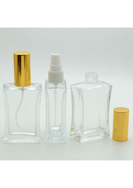 Boş Parfüm Şişesi 50 ml (5 Adet) (TEKRAR DOLDURULABİLİR) Sarı Kapak Plastik Valf Içbükey Boş Şişe