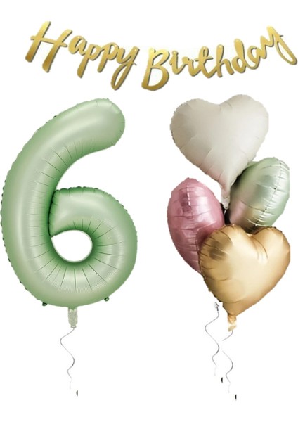 Su Yeşili Renk Rakam Kalp Balon Happy Bırthday Yazılı Doğum Günü Seti Yaş 6