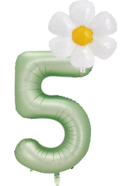 5 Yaş Su Yeşili Renk Rakam ve Papatya Folyo Balon Seti