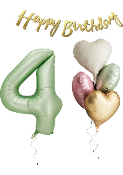 Su Yeşili Renk Rakam Kalp Balon Happy Bırthday Yazılı Doğum Günü Seti Yaş 4