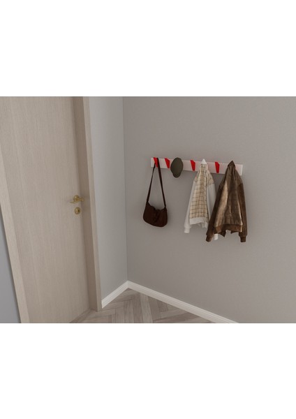 Modern Duvar Kanca Askılık - 7 Adet Kırmızı Askılık - 80 cm Beyaz Mdflam - Model 105