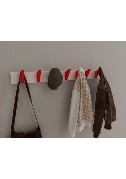Modern Duvar Kanca Askılık - 7 Adet Kırmızı Askılık - 80 cm Beyaz Mdflam - Model 105 modelleri