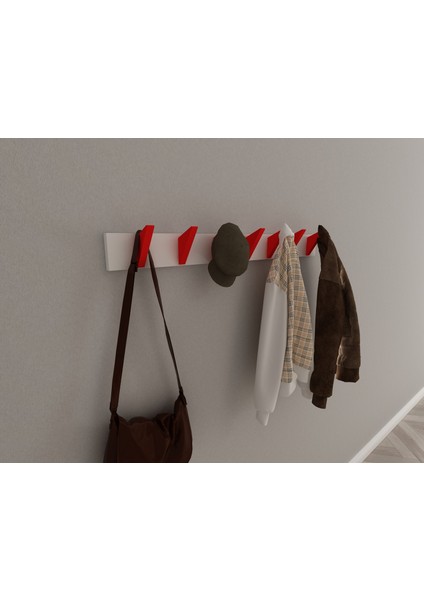 Modern Duvar Kanca Askılık - 7 Adet Kırmızı Askılık - 80 cm Beyaz Mdflam - Model 105 indirimleri