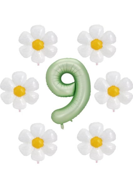Su Yeşili Renk Rakam ve 6 Adet Papatya Folyo Balon Seti Yaş 9