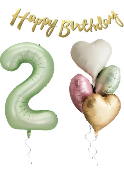 Su Yeşili Renk Rakam Kalp Balon Happy Bırthday Yazılı Doğum Günü Seti Yaş 2