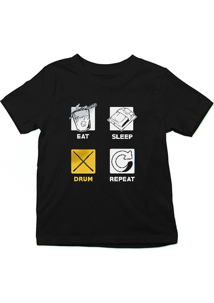Bateri Eat Sleep Drum Siyah Unisex Çocuk Tişört T-Shirt