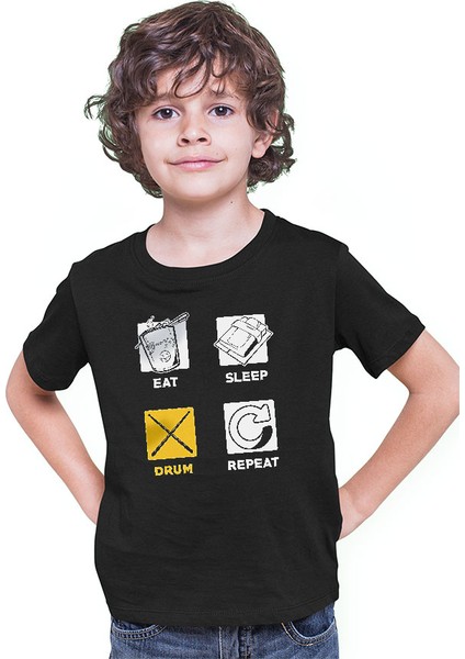 Bateri Eat Sleep Drum Siyah Unisex Çocuk Tişört T-Shirt modelleri