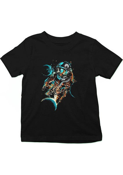 Astronot ve Gezegenler Siyah Unisex Çocuk Tişört T-Shirt