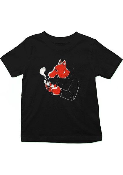 Sigara Içen Tilki Siyah Unisex Çocuk Tişört T-Shirt