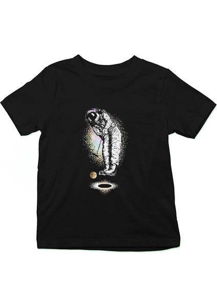 Golf Oynayan Astronot Siyah Unisex Çocuk Tişört T-Shirt