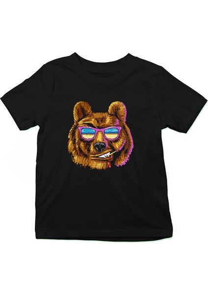 Gözlüklü Karizmatik Ayı Siyah Unisex Çocuk Tişört T-Shirt