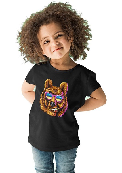 Gözlüklü Karizmatik Ayı Siyah Unisex Çocuk Tişört T-Shirt fiyatları