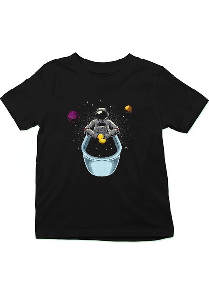 Küvette Yıkanan Astronot Siyah Unisex Çocuk Tişört T-Shirt