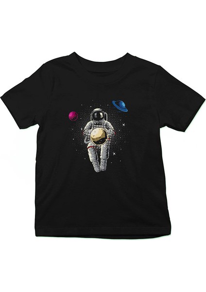 Astronot ve Gezegenler Siyah Unisex Çocuk Tişört T-Shirt