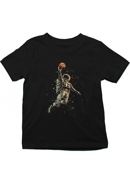 Basketçi Astronot Siyah Unisex Çocuk Tişört T-Shirt
