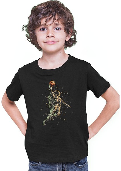 Basketçi Astronot Siyah Unisex Çocuk Tişört T-Shirt modelleri
