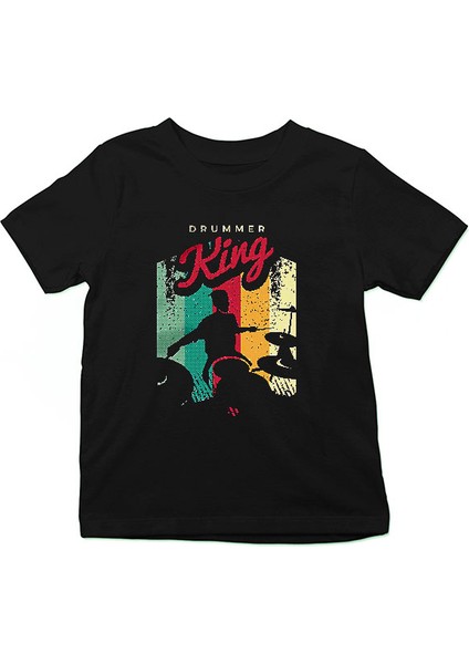 Kral Baterist Siyah Unisex Çocuk Tişört T-Shirt