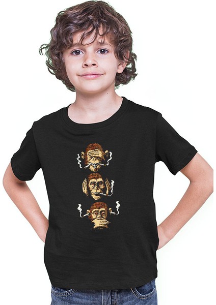 Sigara Içen 3 Maymun Siyah Unisex Çocuk Tişört T-Shirt