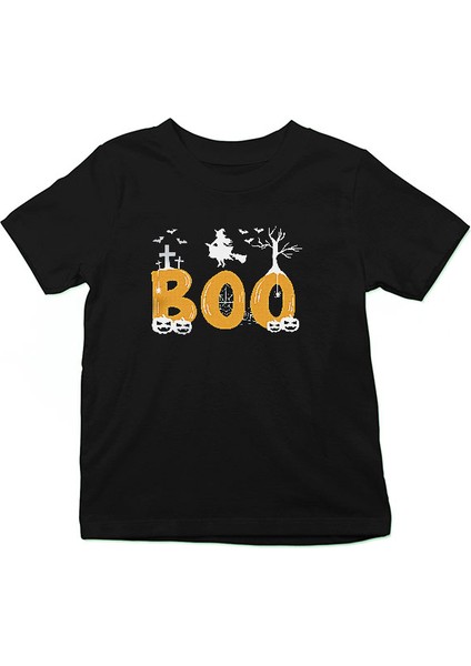 Halloween Boo Cadılar Bayramı Siyah Unisex Çocuk Tişört T-Shirt