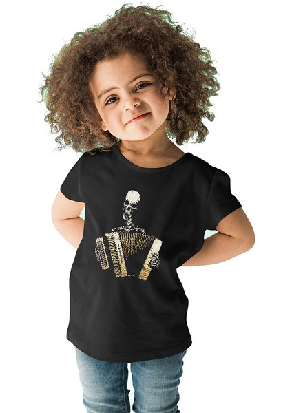 Akordiyon Çalan Kurukafa Siyah Unisex Çocuk Tişört T-Shirt fiyatları
