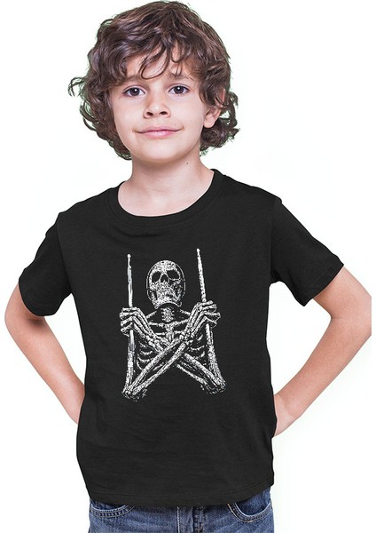 Baterist Kurukafa Siyah Unisex Çocuk Tişört T-Shirt modelleri