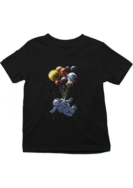 Astronot ve Uçan Gezegenler Siyah Unisex Çocuk Tişört T-Shirt