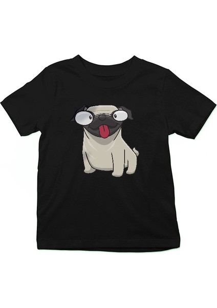 Dil Çıkaran Pug Siyah Unisex Çocuk Tişört T-Shirt