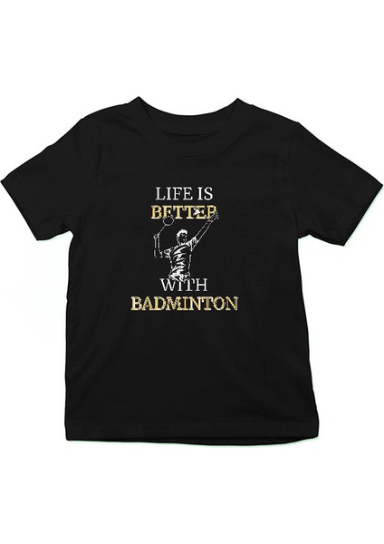 Badminton Siyah Unisex Çocuk Tişört T-Shirt
