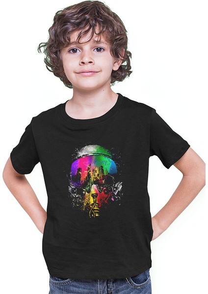 Renkli Pilot Kaskı Siyah Unisex Çocuk Tişört T-Shirt modelleri