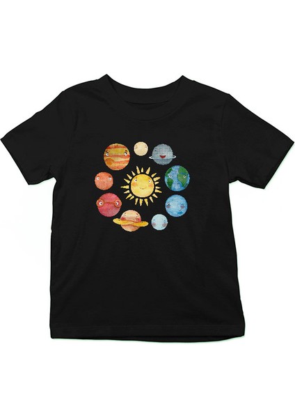 Güneş Sistemi Gezegenler Siyah Unisex Çocuk Tişört T-Shirt