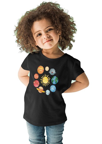Güneş Sistemi Gezegenler Siyah Unisex Çocuk Tişört T-Shirt