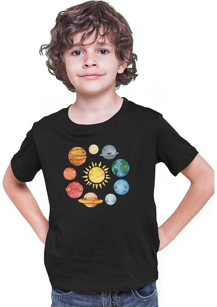 Güneş Sistemi Gezegenler Siyah Unisex Çocuk Tişört T-Shirt