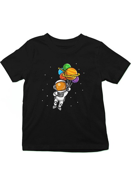 Balonlu Şirin Astronot Siyah Unisex Çocuk Tişört T-Shirt