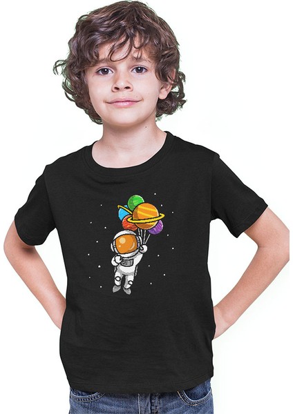 Balonlu Şirin Astronot Siyah Unisex Çocuk Tişört T-Shirt modelleri