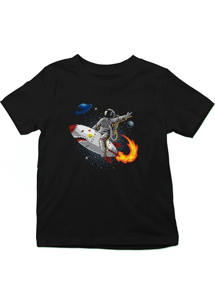 Roket ve Astronot Siyah Unisex Çocuk Tişört T-Shirt