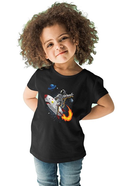 Roket ve Astronot Siyah Unisex Çocuk Tişört T-Shirt fiyatları