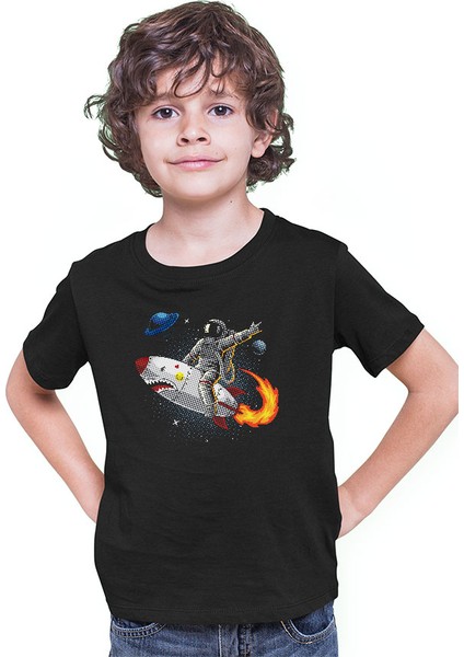 Roket ve Astronot Siyah Unisex Çocuk Tişört T-Shirt modelleri