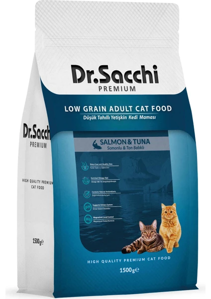 Dr.Sacchi Premium Düşük Tahıllı Somonlu ve Ton Balıklı Kedi Maması 1.5 Kg