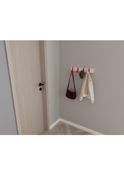 Modern Duvar Kanca Askılık - 4 Adet Kırmızı Askılık - 50 cm Beyaz Mdflam - Model 106