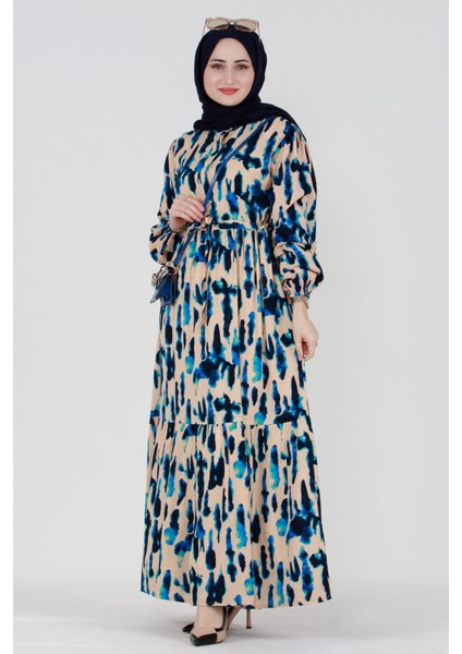 Batik Desen Gizli Düğmeli Viskon Elbise-Mavi fiyatları