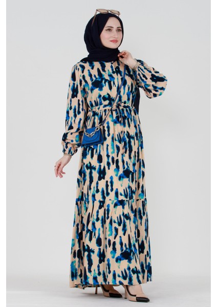 Batik Desen Gizli Düğmeli Viskon Elbise-Mavi modelleri