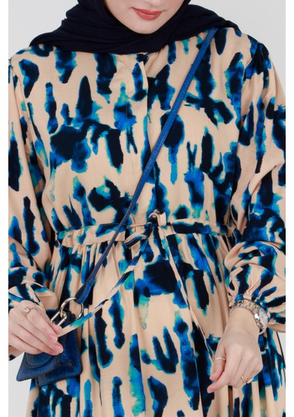 Batik Desen Gizli Düğmeli Viskon Elbise-Mavi fırsatları