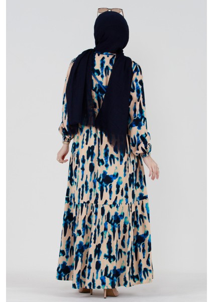 Batik Desen Gizli Düğmeli Viskon Elbise-Mavi indirimleri