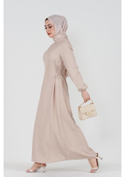 Yanı Bağcıklı Keten Elbise-Bej modelleri