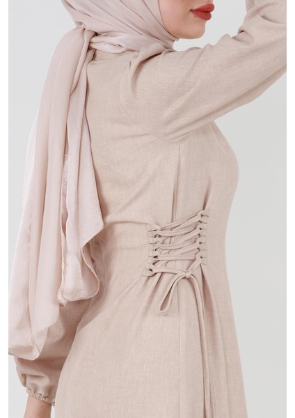 Yanı Bağcıklı Keten Elbise-Bej fırsatları