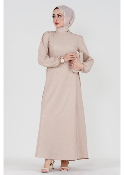 Yanı Bağcıklı Keten Elbise-Bej