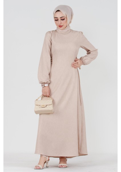 Yanı Bağcıklı Keten Elbise-Bej fiyatları