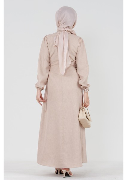 Yanı Bağcıklı Keten Elbise-Bej indirimleri